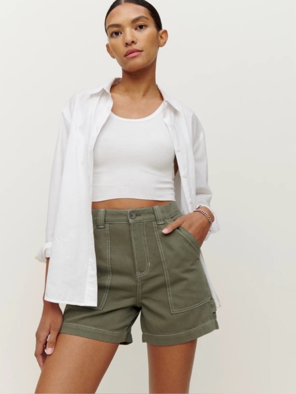 Reformation Pierce Utility Shorts Cotton Army Green Size 25 High Waisted